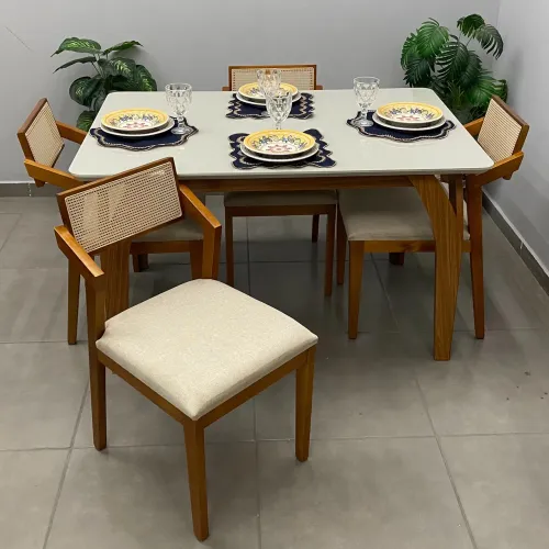 Mesa Ágatha com 4 cadeiras Berlin 135x90 Linho em Madeira - ENTREGA HOJE -