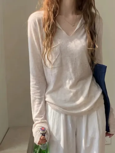 camiseta manga longa bege de malha