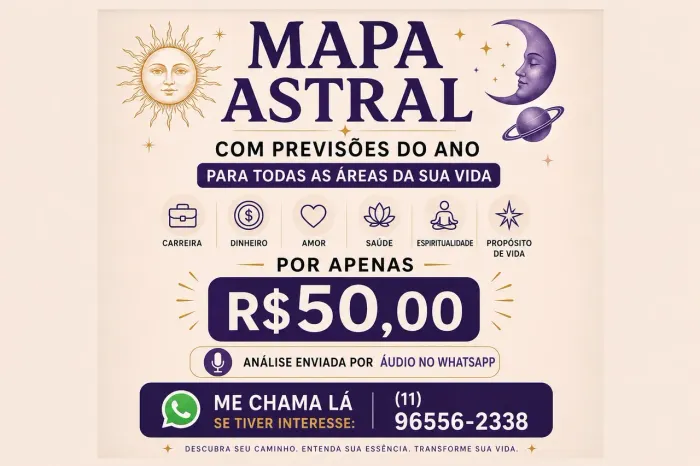 Mapa Astral + Previsões do Ano | R$50 | Áudio no WhatsApp