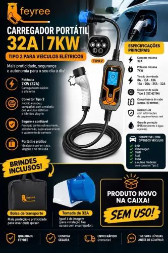 CARREGADOR CARRO ELÉTRICO PORTÁTIL FEYREE 32A - 7KW | TIPO 2
