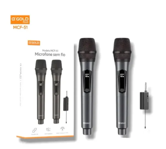 Kit 2 Microfone Dinâmico Duplo ?GOLD Plus MCF-51 com Receptor P10 Sem Fio Recarregável Pr