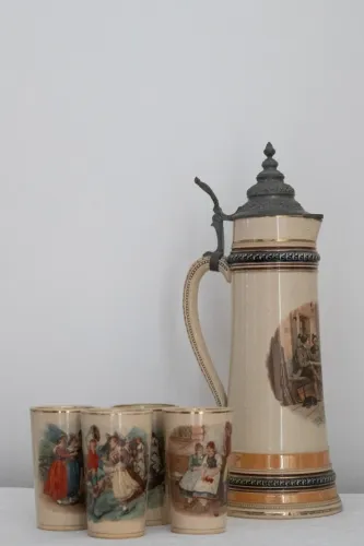 beer stein alemão de cerâmica/porcelana com tampa de estanho com conjunto de copos
