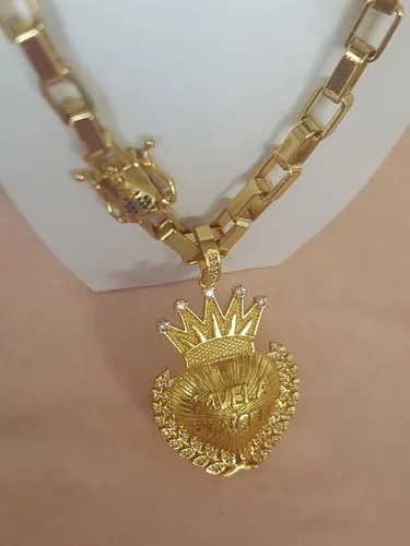 Cordão Tijolo 8mm 70cm banho em camadas fecho N.Sra<br>Banhado 15 milésimos Ouro 18k 