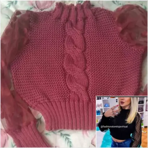 Cropped tricot apenas bordo manga longa bufante tule poa