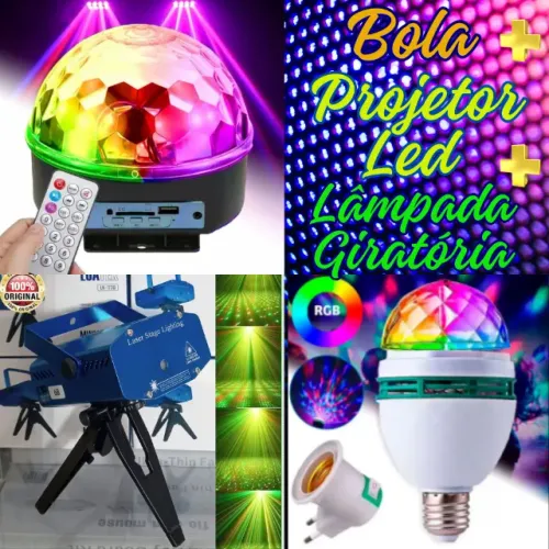 Kit Festa Bola Maluca + Mini Projetor Holográfico Led + Lâmpada Giratória