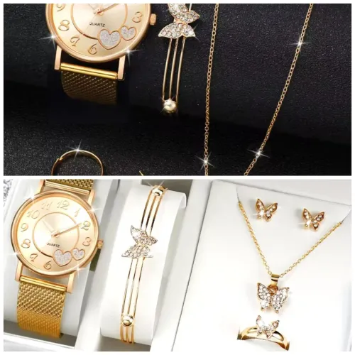 Kit relógio, brinco, anel, corrente e pulseira 