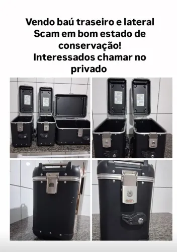 Baú traseiro de 59 litros da Scam por 1.500,00 e par de baú lateral da Scam por por 2.500
