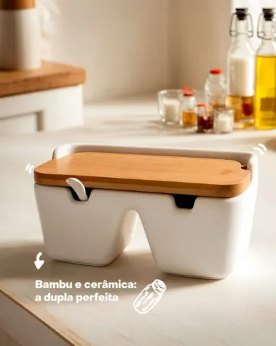 SALEIRO DE MESA C/2 DIVISORIAS DE CERAMICA E TAMPA DE BAMBU E COLHER BIANCO 20CM X 9CM 