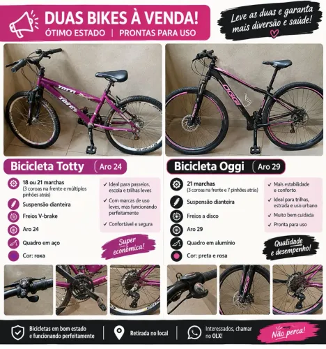 ? Duas Bicicletas à Venda: Oggi Preta e Rosa + Totty Roxa<br>