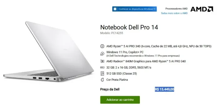 Dell Pro 14 PC14255 AMD RYZEN PRO 340 32GB 512GB