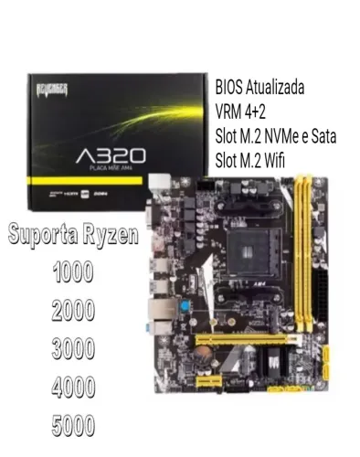 Placa Mãe AM4 A320 M.2 + slot.Wifi *NOVA