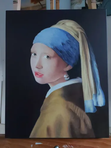 Pintura a óleo sobre tela moça com brinco de pérola tamanho 40x50