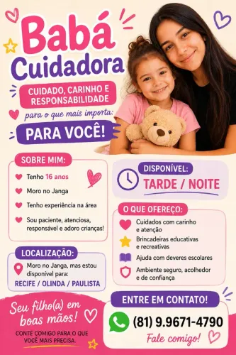 Babá/Cuidadora Infantil ? Tarde e Noite ? Recife, Olinda e Paulista
