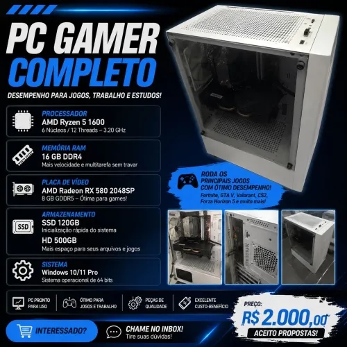 PC GAMER RYZEN 5 1600 + RX 580 8GB + 16GB RAM