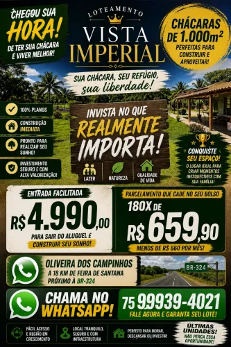 Lotes chácara em Oliveira dos Campinhos R$ 4.990,00 de entrada!