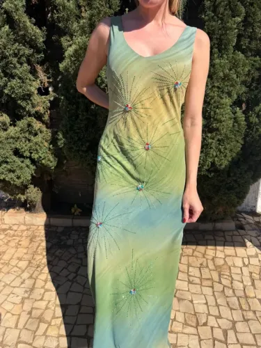Vestido Longo Vintage Degradê Verde Azul Bordado à Mão Y2K Tam M Sem Marcas de Uso