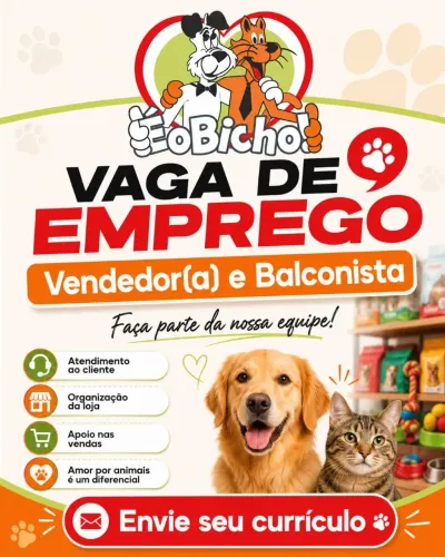 A É o Bicho está contratando Vendedor(a) e Balconista para atuar em pet shop.