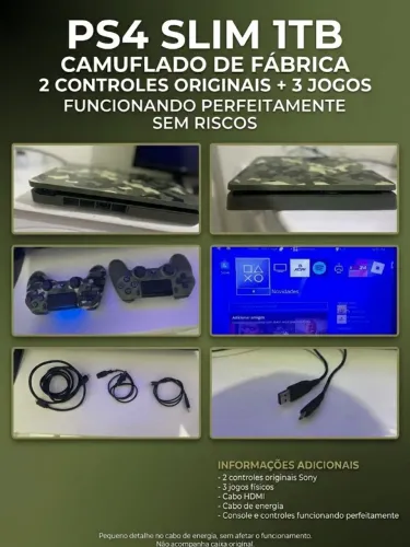 PS4 Slim 1TB Camuflado + 2 Controles Originais + 3 Jogos | God of War, Battlefield 1 e COD