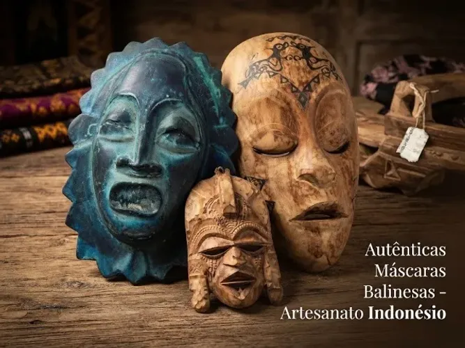 Par de Máscaras Decorativas em Madeira da Indonésia + Brinde Exclusivo