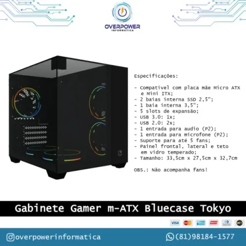 Gabinete gamer aquário full glass Tokyo, sem fan, sem fonte, preto
