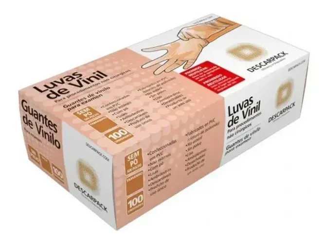 Caixa com 100 Luvas De Vinil Sem Pó Descartável Marca Descarpack Tamanho P Estética