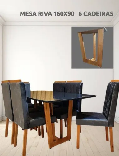 Mesa Riva 160x90 com 6 cadeiras, Tampo em MDF, pés, puxadores, e a base da mesa madeira