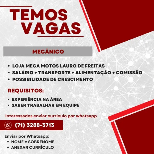 VAGA DE EMPREGO - MECÂNICO - LAURO DE FREITAS