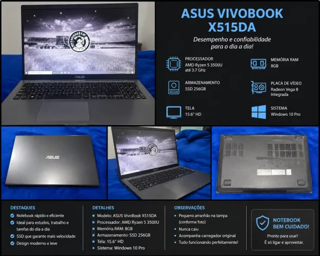 Notebook ASUS VivoBook X515DA Ryzen 5 8GB SSD 256GB - Conservado