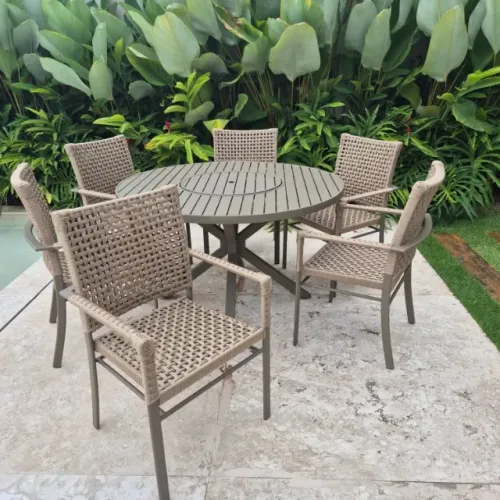 CONJUNTO MESA DE ALUMINIO COM 6 CADEIRAS DE CORDA NÁUTICA 