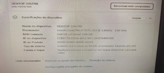 Gabinete CPU i7 8gb ssd 240gb pronto pra usar