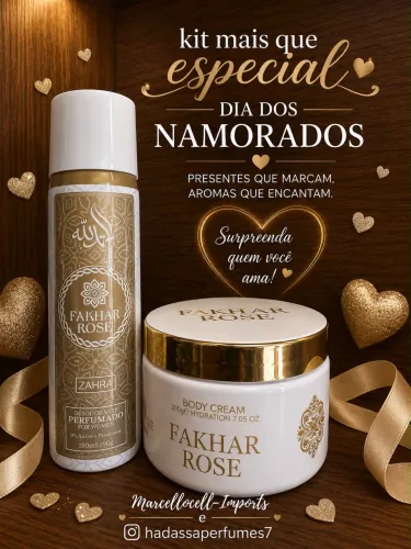 Desodorante e um creme hidratante corporal da Fakhar Rose da marca Isabelle La Belle.