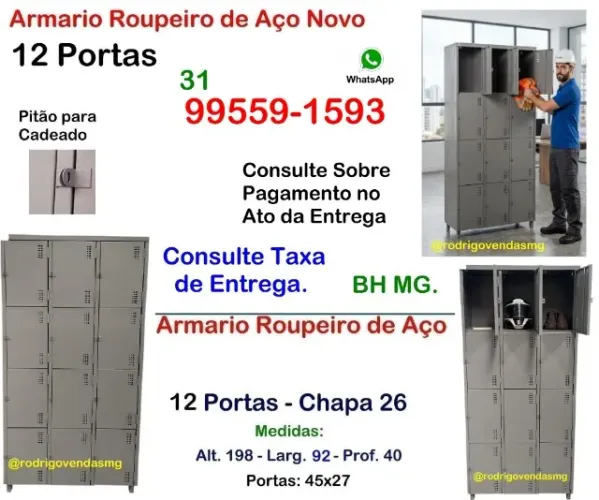 Armário aço roupeiro 12 portas comercio escaninho vestiário indústria academia auto casa