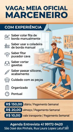 Vaga Meia Oficial Marceneiro / Com Experiência