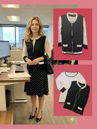 CONJUNTO BLUSA E COLETE MALHA - PRETO E BRANCO<br>