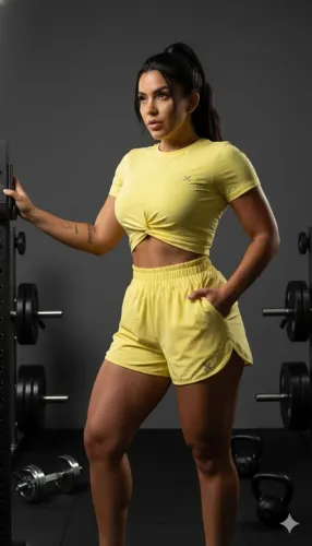 Conjunto Fitness - Short duplo e cropped modelo camisa - Tam. M - Amarelo Manteiga 