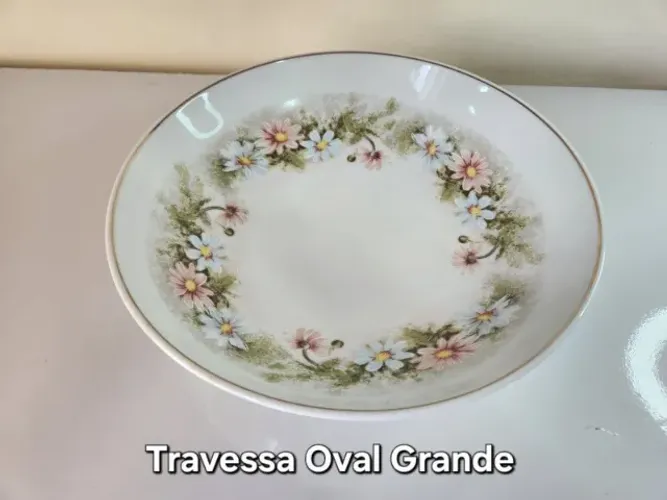 travessa oval grande porcelana schidt floral com friso ouro