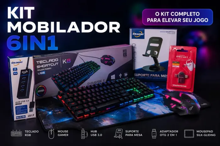 Kit mobilador 6 in 1-Teclado, Mouse, Hub, OTG, Mouse Pad, Suporte celular 