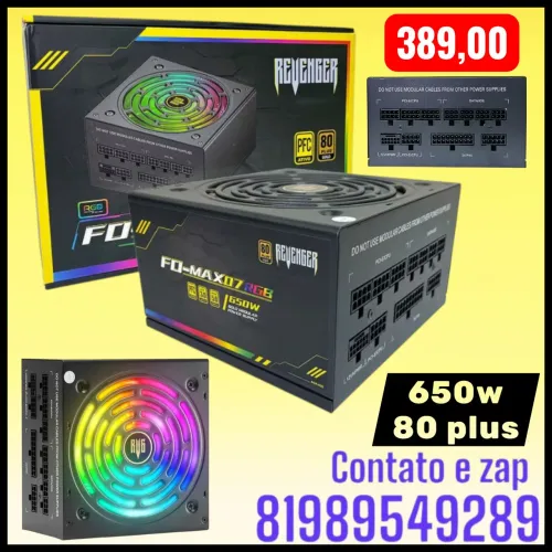 Fonte ATX modular Revenger FO-MAX07 RGB de 650W 80 Plus Gold e PFC Ativo.