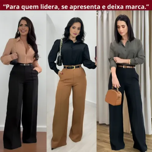 Conjunto Social Feminino Workwear | Calça Pantalona + Camisa Manga Longa + Cinto Premium