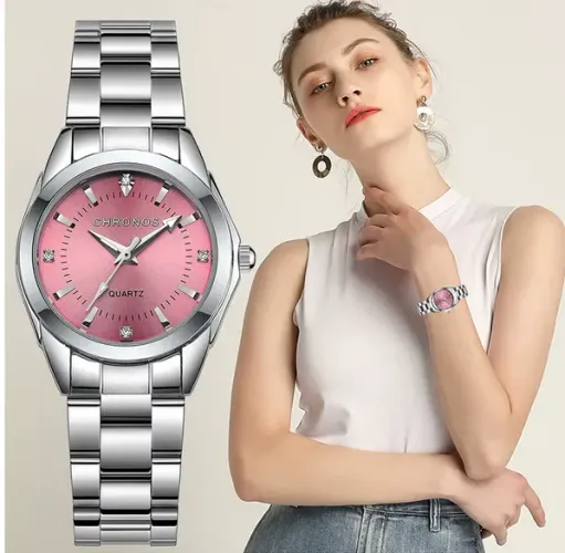 elógio aço inoxidável feminino rosa e prata Chronos