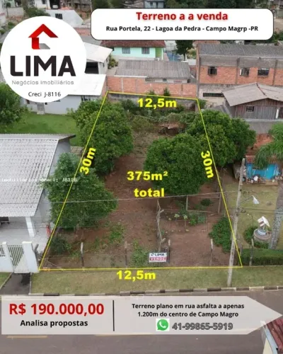 Terreno 375m para Venda, Lagoa Pedra Campo Magro / PR 2km do centro