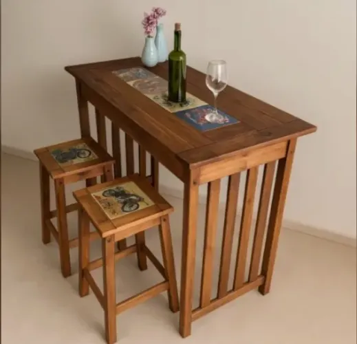 Bancada Gourmet Ilha Cozinha Mesa De Madeira Com 2 Banquetas