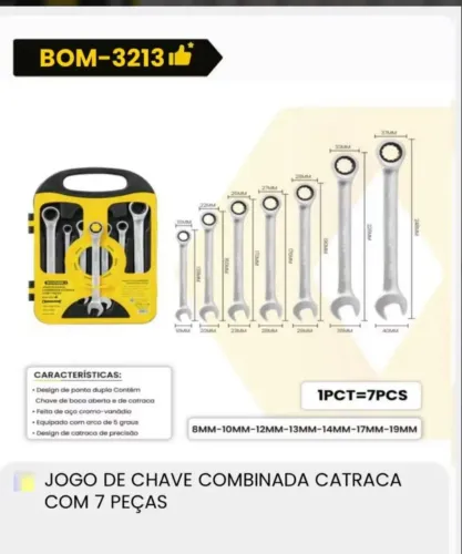 JOGO DE CHAVE COMBINADA CATRACA COM 7 PEÇAS BOM3213<br>130R$