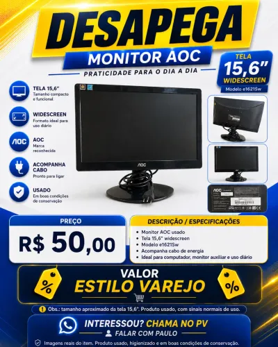 Monitor AOC 15,6? Widescreen e1621Sw + Cabos - R$ 50