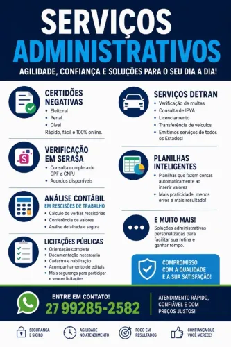 SERVIÇOS ADMINISTRATIVOS E DOCUMENTAIS - DETRAN, SERASA, LICITAÇÕES E MAIS
