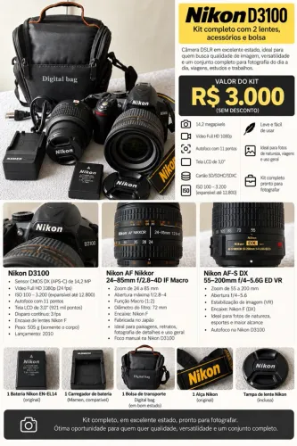 Nikon D3100 DSLR + 2 Lentes Nikkor + Bolsa e Acessórios