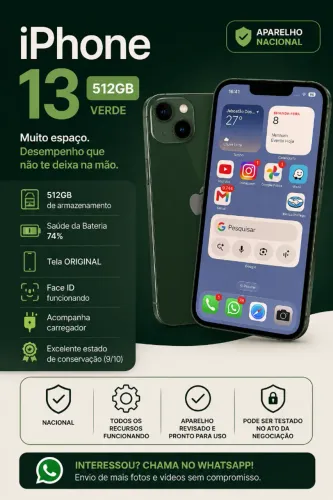 Phone 13 Verde 512GB | Nacional | Tela Original | Face ID OK | Excelente Estado