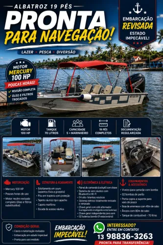 Barco Lancha de alumínio 19 pés com motor mercury de 100hp 2021 