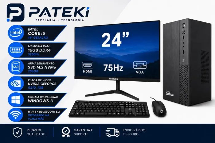 PC Completo Intel Core i5-14400F Gráficos GeForce 16GB DDR4 SSD 256GB NVMe Monitor 24