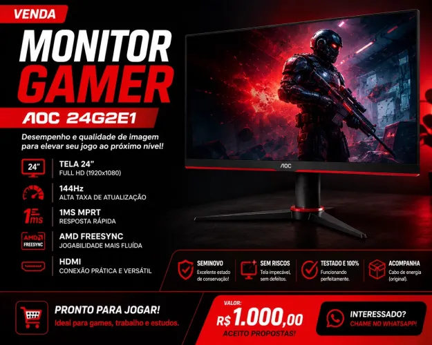 Monitor Gamer AOC 24G2E1 24" Full HD 144Hz - Seminovo